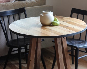 Round Modern Breakfast Nook Table | Natural Reclaimed Wood Table Top with Wooden X Style or Metal Pedestal Leg | Custom Kitchen Furniture