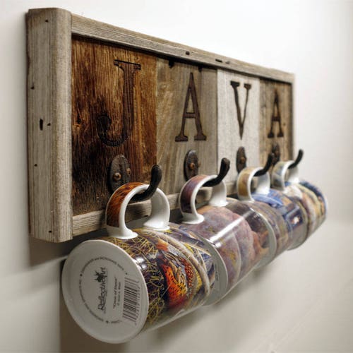 Java Mug Rack Reclaimed Wood 4 Mug Rack Wallmount Cup Holder Etsy