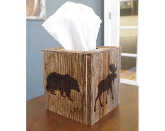 Rustic Reclaimed Barn Wood Tissue Box Cover with laser engraved wildlife sides. Bring the outdoors indoors with this tissue box holder!