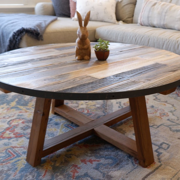 Round Wooden Coffee Table with X Style Farmhouse Solid Wood Legs | Reclaimed Barnwood Top Metal Barrel Band | Rustic Living Room Furniture