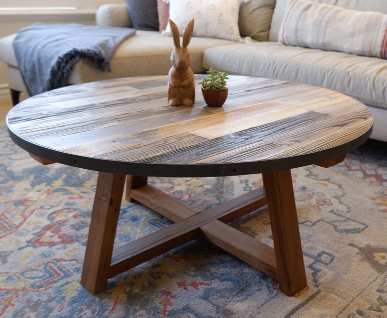 Round Wooden Coffee Table with X Style Farmhouse Solid Wood Legs Reclaimed Barnwood Top Metal Barrel Band Rustic Living Room Furniture image 1