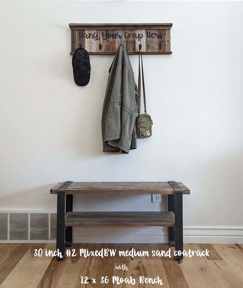 Personalized Farmhouse Coat rack Estes, Naturally Aged Reclaimed Barn Wood Wall Mounted Entryway, Hallway Hooks /w Narrow Storage Shelf image 1