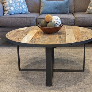 Round Wooden Coffee Table with X Style Farmhouse Solid Wood Legs Reclaimed Barnwood Top Metal Barrel Band Rustic Living Room Furniture image 10