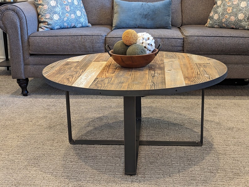 Round Wooden Coffee Table with X Style Farmhouse Solid Wood Legs Reclaimed Barnwood Top Metal Barrel Band Rustic Living Room Furniture image 10