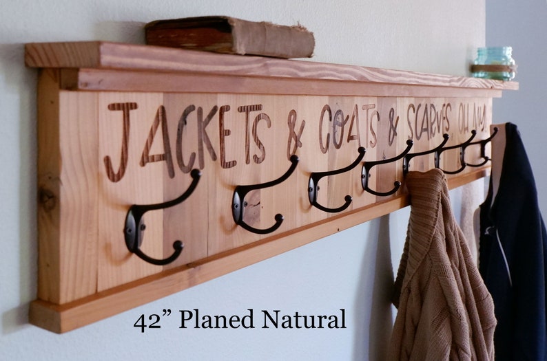 Personalized Farmhouse Coat rack Estes, Naturally Aged Reclaimed Barn Wood Wall Mounted Entryway, Hallway Hooks /w Narrow Storage Shelf image 8