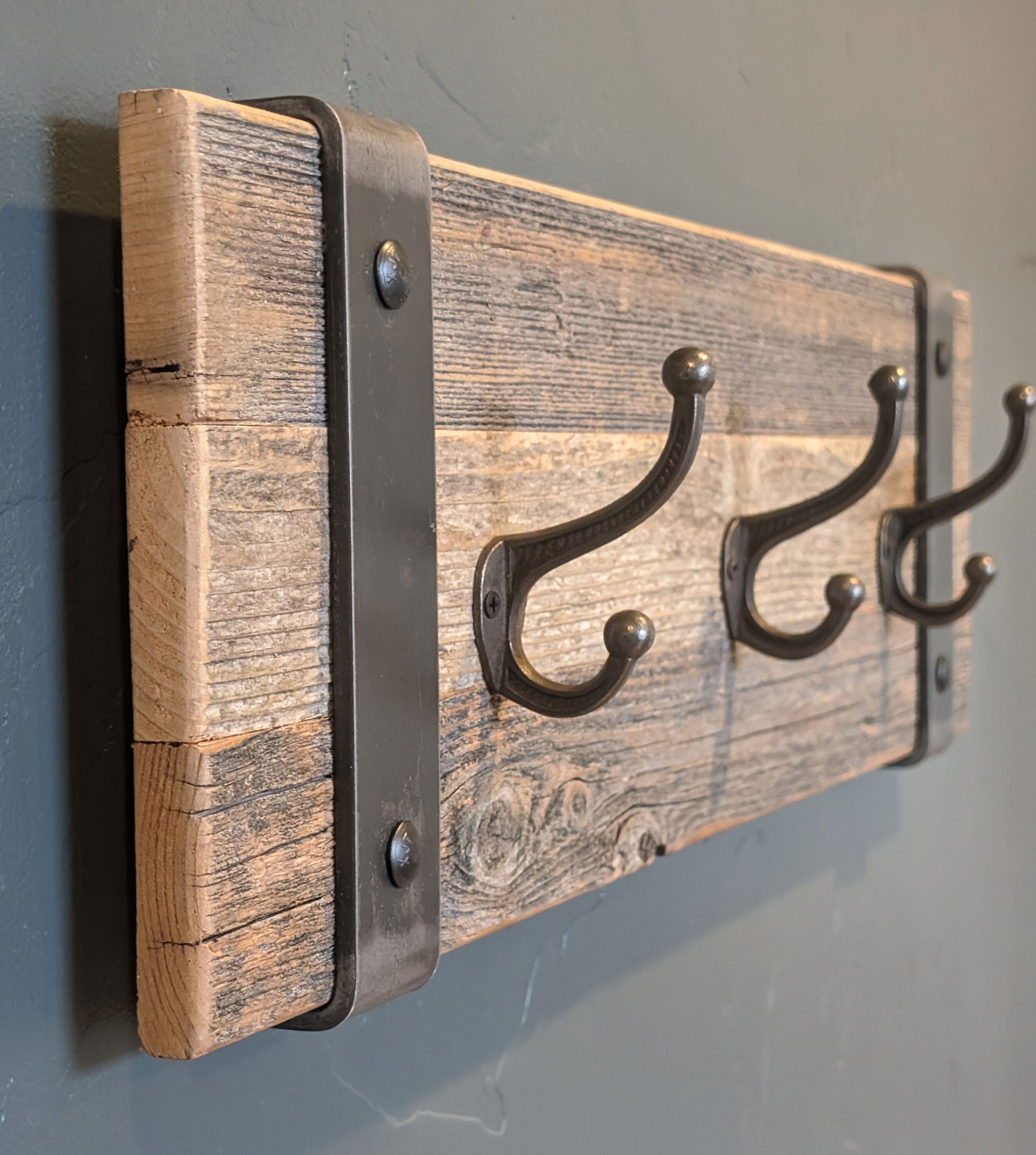 Wall Mounted Barnwood Coat Rack MOAB Industrial Farmhouse Entryway Organizer Hooks Wall Rustic Reclaimed Wood W Metal Hangers Decor Etsy