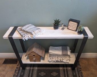 White Reclaimed Wood Console Table | Narrow 9"- 12" deep 30"- 60" length | Gray Entry Black MOAB Entrance behind the Couch | Modern Metal