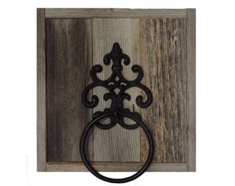 Reclaimed Barn Wood Rustic Farmhouse Wall Mounted Hand Towel Ring, Decorative Wooden Bathroom-Kitchen Towel Hanger, Country Bathroom decor.