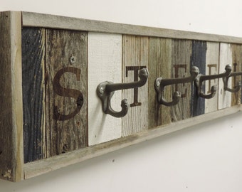 Personalized Reclaimed Wooden Coat Rack, Wall Mounted Rustic hooks, Entryway, Hallway Coat, Hat, Jacket, Umbrella Storage, Unique Farmhouse.