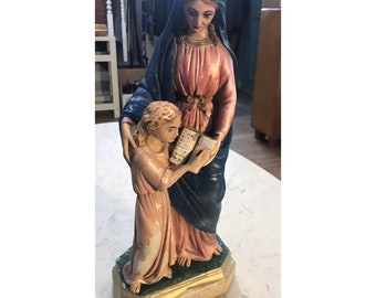 Vintage Chalkware Statue St Anne De Beaupre & Young Mary 16" Tall Shabby Old