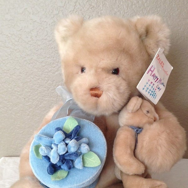 Vtg Gund Mother Bear & Baby with BLUE GIFT BOX plush stuffed animal -Tags Original