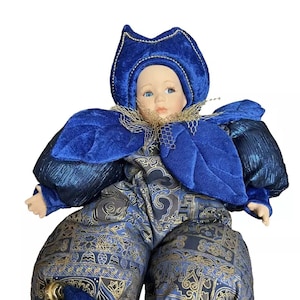 Vtg Porcelain Clown Court Jester Doll 15&quot; Blue Velour Gold Accents by Delton Collectible Dolls