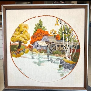 Vintage Crewel Barn & Wagon Wheel 3D Embroidered 1982 Signed 17x17&quot; Framed Art Collectible Home Decor