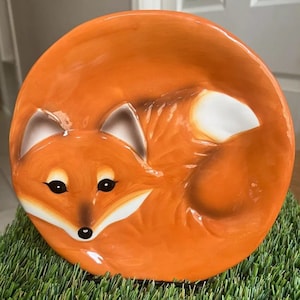 Vtg Orange Red Fox Face Tail Ceramic 8&quot; Plate Autumn Fall Man Cave Serving Decor Collectible Dishes