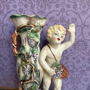 Beautiful Vintage Porcelain 3D Floral Cherub Vase  Marked N on Bottom Gold Trim Collectible Vases