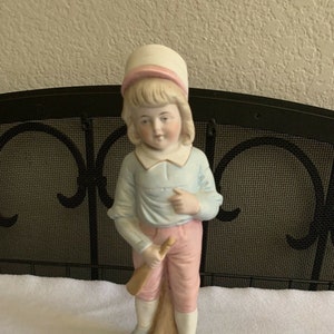 Antique Blue White & Pink Bisque Hand Painted Blonde Girl Figurine Blonde Hair 9.5&quot;Tall