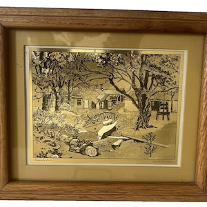 VTG Folienätzdruck, Shoreside Farm von Lionel Barrymore, Holz gerahmt, Boote Sammlerdrucke