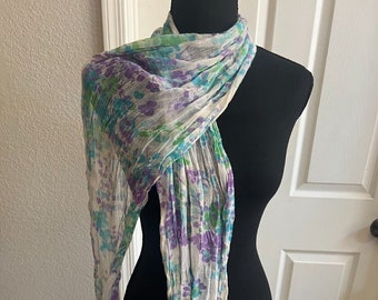 Vintage Sheer Nylon White, Blue, Green & Purple Floral Long Rectangular Scarf Collectible Scarves