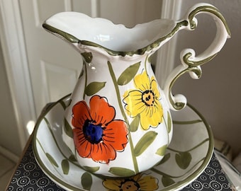 Vintage Weiß w Orange & Gelb Blumen Italienische Keramik Krug/Becken Retro Decor Vintage Stil