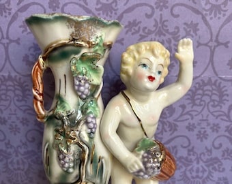 Vaso Cherubino in porcellana vintage, motivo floreale 3D, finiture dorate