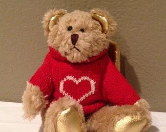 Vintage Angel Teddy Bear Plush Toy, Red Heart Sweater, Gold Wings (7")