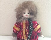 Vintage Russian White Porcelain Vintage Doll-RARE Red Velour Dress Rabbit Fur
