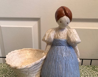 Vintage Ceramic Long Haired Maiden w Blue Apron Potted Planter Figurine Rare!