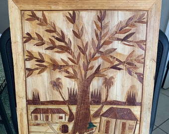 Vintage Large 24 1/4" x 16 1/4" Unframed Thin Inlay Wood Carved Village Picture