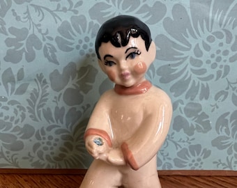 Vtg Porcelain Japanese Boy Figurine Hand Painted 4.5" Tall Black Hair Blue Eyes Collectible