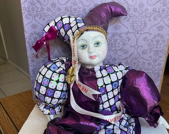 Vintage 16" New Orleans Porcelain Head Clown Jester Doll Freckles Purple Outfit