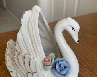 Vtg Porcelain Swan Figurine Trinket Dish Planter w/ 3D Blue Pink Flowers