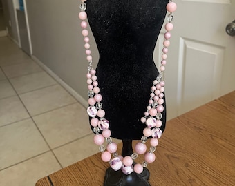 Collana vintage con perline rosa, bigiotteria massiccia