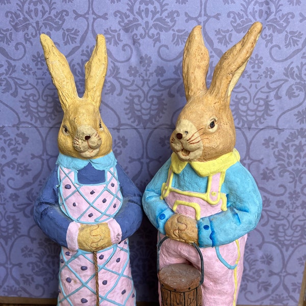 Set (2) 9 3/4" Paper Mache Bunnies Figures Easter Boy and Girl Made Phillipines