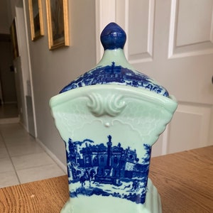 Vintage Chinesische Kobalt Blau und Teal Grün KanisterGlas mit Deckel Stadt Scape