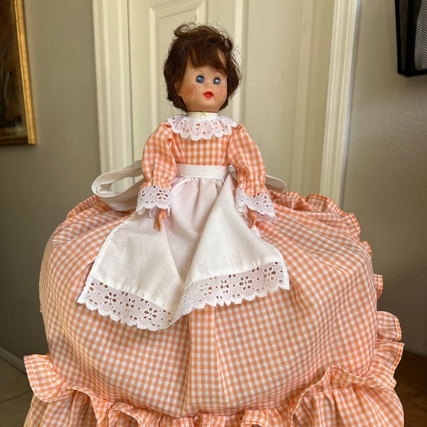 Vtg Handmade Freckled Face Blue Eyed Doll Orange Checker Outfit Appliance Cover Farmhouse Decor