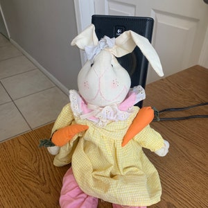 Vintage 14&quot; Shelf Sitter Country Cloth Bunny With Long Ears Yellow Pink Outfit