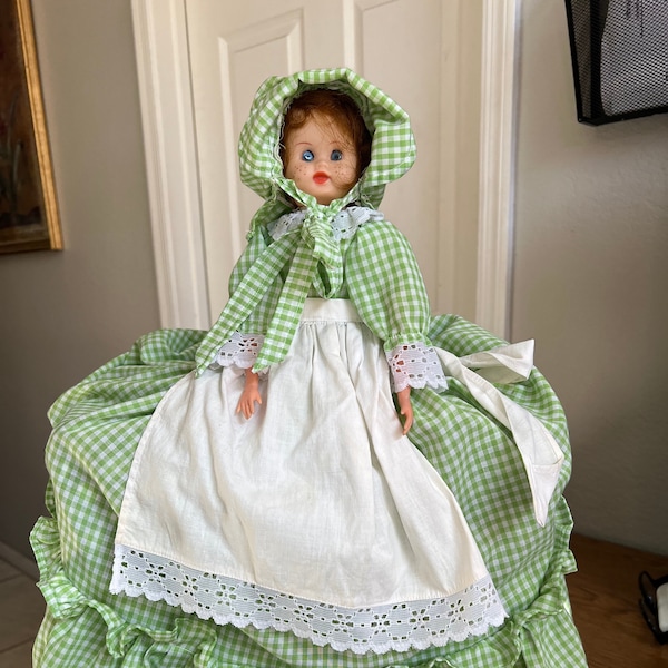 Vtg Handmade Freckled Face Blue Eyed Doll Green Checkered Outfit Appliance Cover  Farmhouse Decor