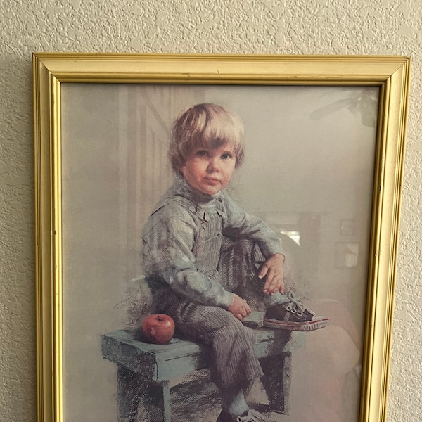 Vtg 1979 James Ingwersen Framed Print "Boy Sitting on Bench w Apple 22.5"x18.5" Collectible Prints