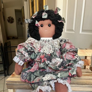 Vintage Home Made African American Black Rag Doll 24” Floral Dress Yarn Hair Collectible Dolls
