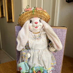 Vintage Farm Easter Bunny Rabbit Doll on Velvet Green Stand Holding Bucket Eggs
