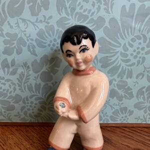 Vtg Porcelain Japanese Boy Figurine Hand Painted 4.5&quot; Tall Black Hair Blue Eyes Collectible