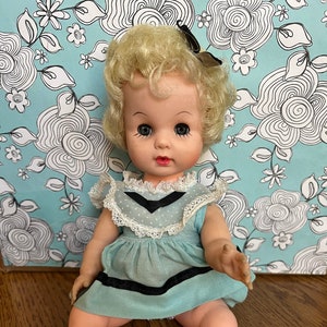 Vtg Sleepy Eye Doll Kaysam 4065 11&quot; Blue/Black Dress w Lace Blonde Hair Blue Eyes Collectible Dolls