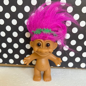 Vintage 4&quot; Russ Troll Doll Baby Purple Hair Brown Eyes Pink Dress Felt Headband