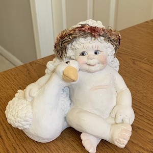 Vtg Lg Kristin Signed 1994 Cast Art Dreamcicles Cherub Swan Figurine 4”T/ 5.5&quot;W Collectible Figurines