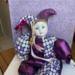 Vintage 16&quot; New Orleans Porcelain Head Clown Jester Doll Freckles Purple Outfit