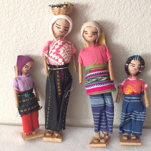 Lot of 4 Vintage Peruvian Dolls in Colorful Clothing on Wooden Bases Beautiful Collectible Dolls