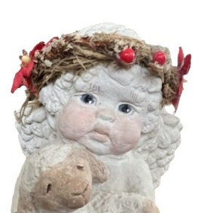 Vintage Cast Art 5&quot; Lrg Dreamsicle Cherub Holding Lamb Figurine Signed Christmas Vintage Figurines