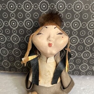 Vintage 5.5&quot; Hand Made Composition & Faux Leather Cone Asian Man Doll Figure Chinese Souvenirs