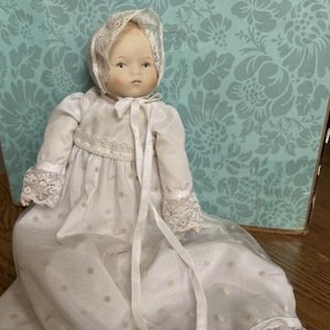 Vintage Porcelain 9&quot; Baby Doll with Christening Dress (13&quot; Total) Cloth Body Collectible Doll Hand painted