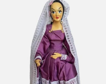 Vintage Composition Mexican Munecos Carselle Spanish Senorita 12” Doll Purple Dress w Lace Collectible